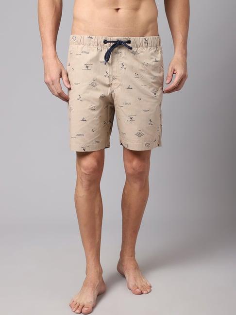 cantabil beige cotton regular fit printed bermuda shorts