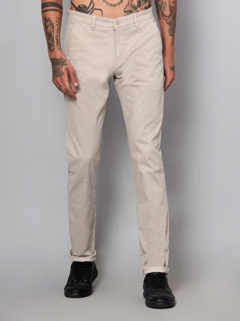 cantabil beige cotton regular fit printed trousers