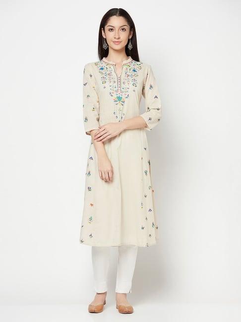 cantabil beige embroidered a line kurti