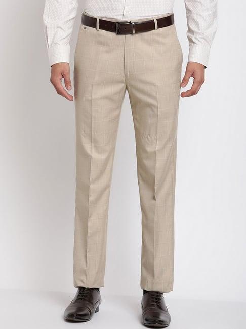 cantabil beige regular fit checks flat front trousers