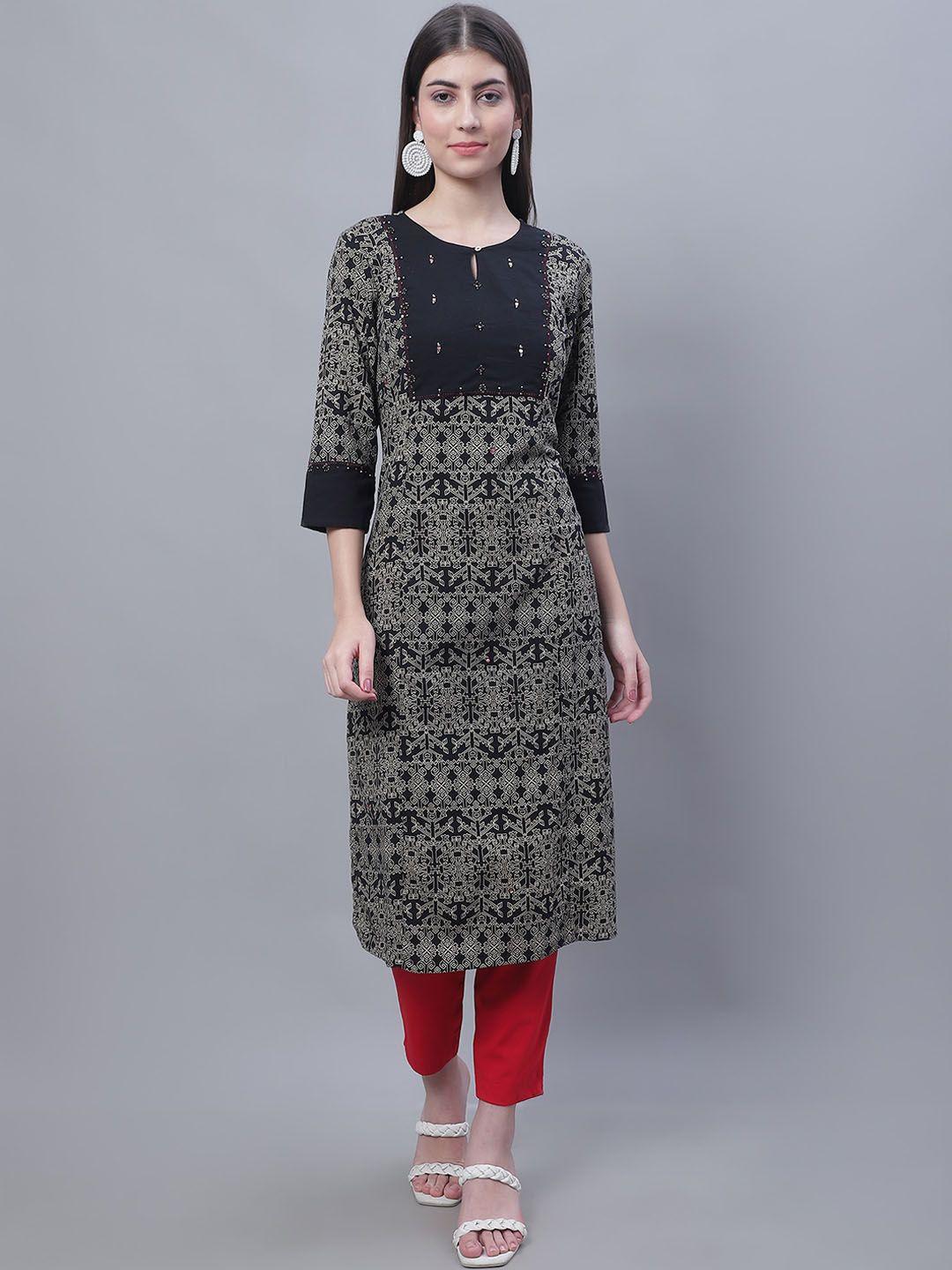 cantabil black ethnic motifs printed thread work sequined kurta