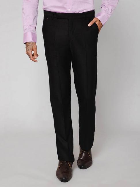 cantabil black regular fit self design flat front trousers