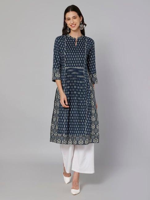 cantabil blue cotton printed a line kurta