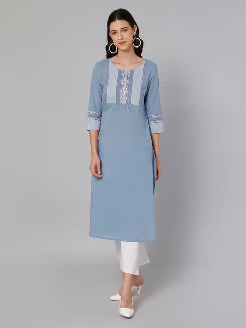 cantabil blue cotton printed straight kurta