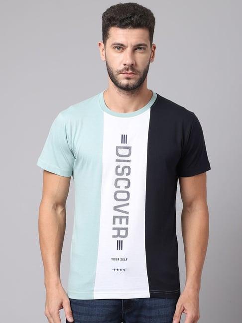 cantabil blue cotton regular fit colour block t-shirt