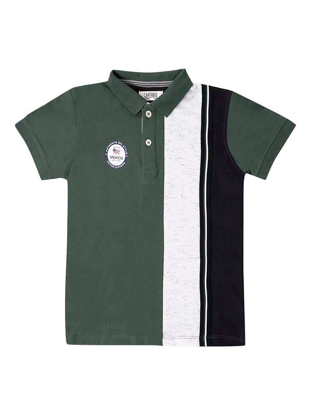 cantabil boys green & white colourblocked polo collar t-shirt