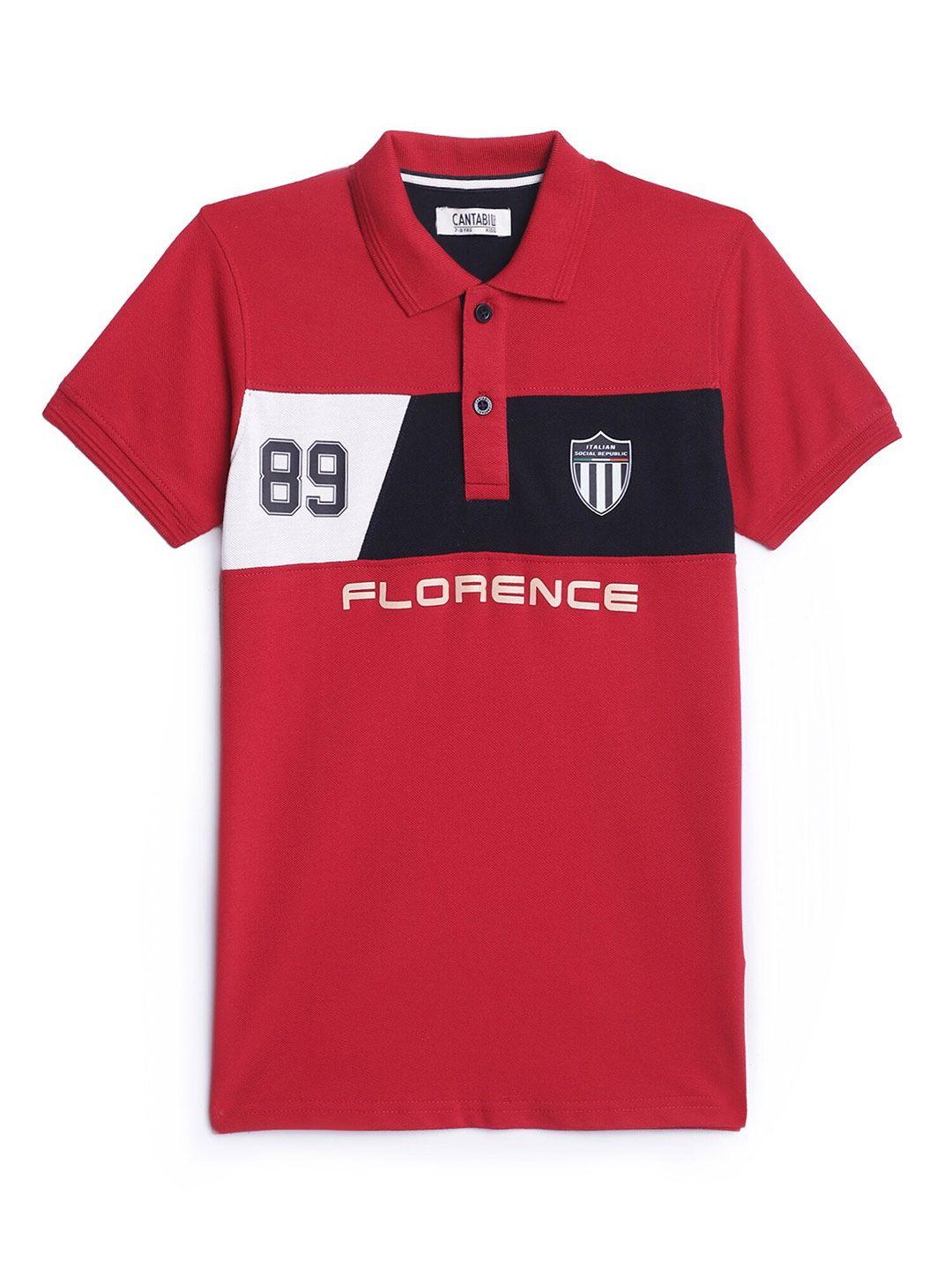 cantabil boys red sports colourblocked polo collar applique t-shirt