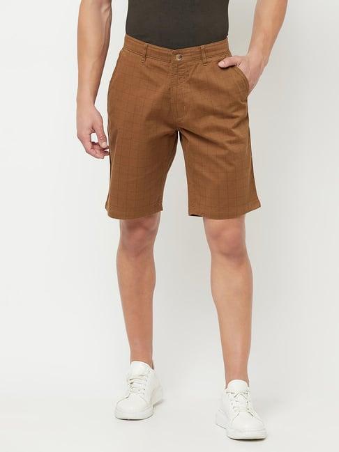 cantabil brown cotton regular fit checks shorts