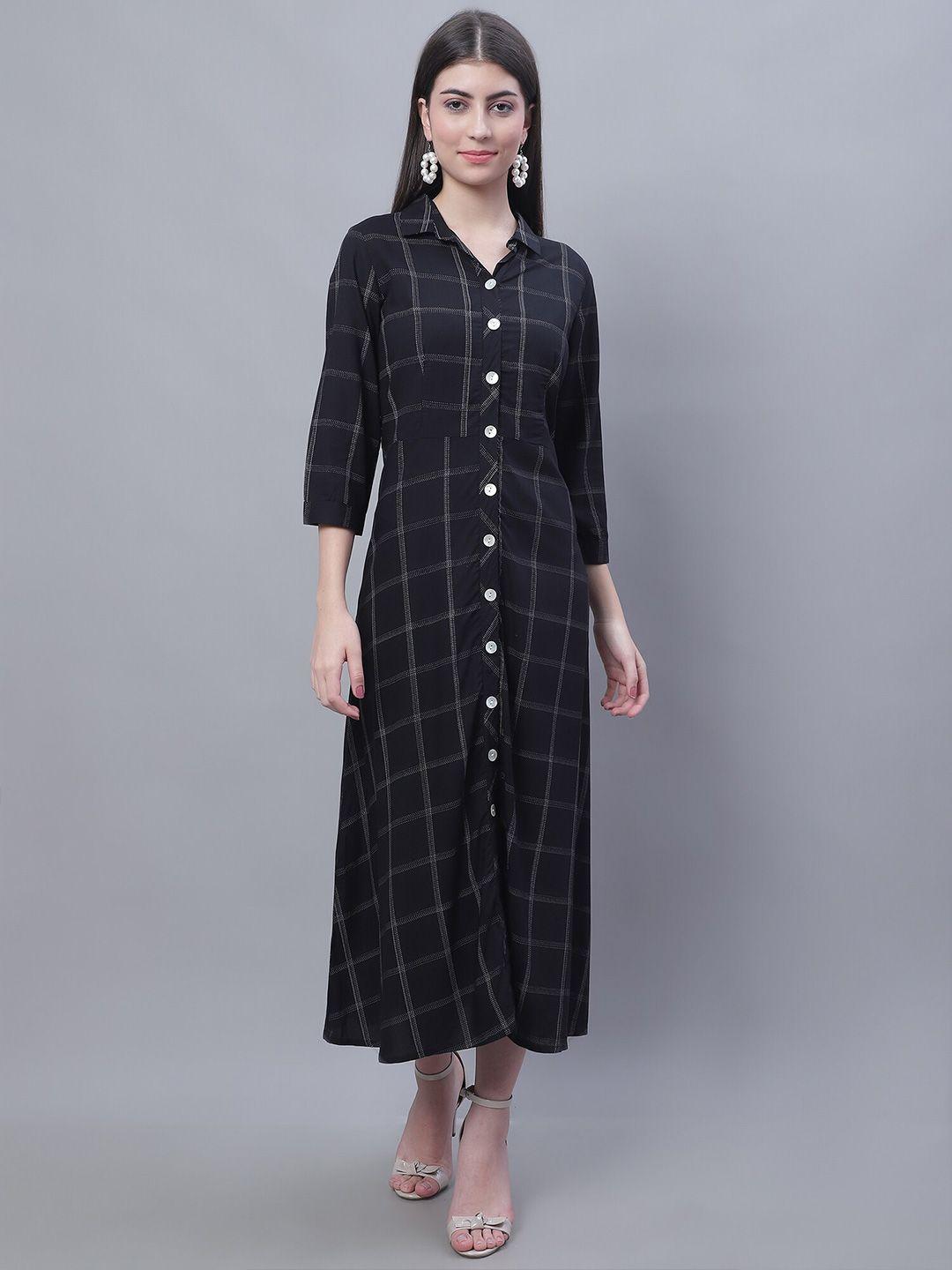 cantabil checked cuffed sleeves shirt maxi dress