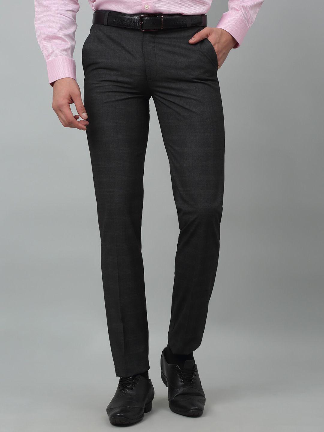 cantabil checked mid rise cotton formal trousers