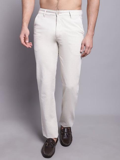 cantabil cream regular fit flat front trousers