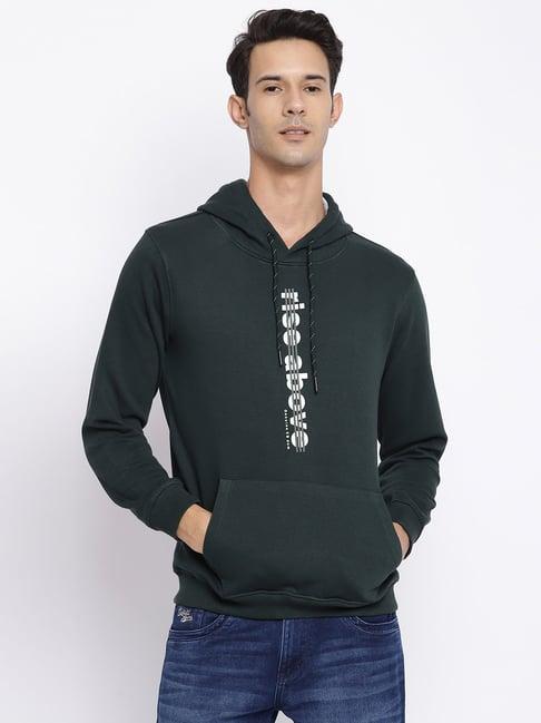 cantabil dark green regular fit printed hooded sweatshirt