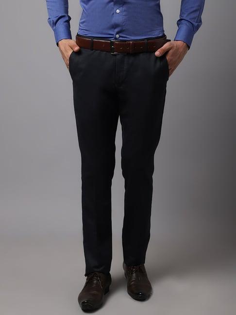 cantabil dark navy regular fit flat front trousers