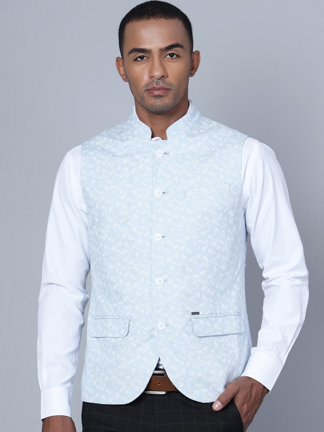 cantabil floral printed cotton linen nehru jacket