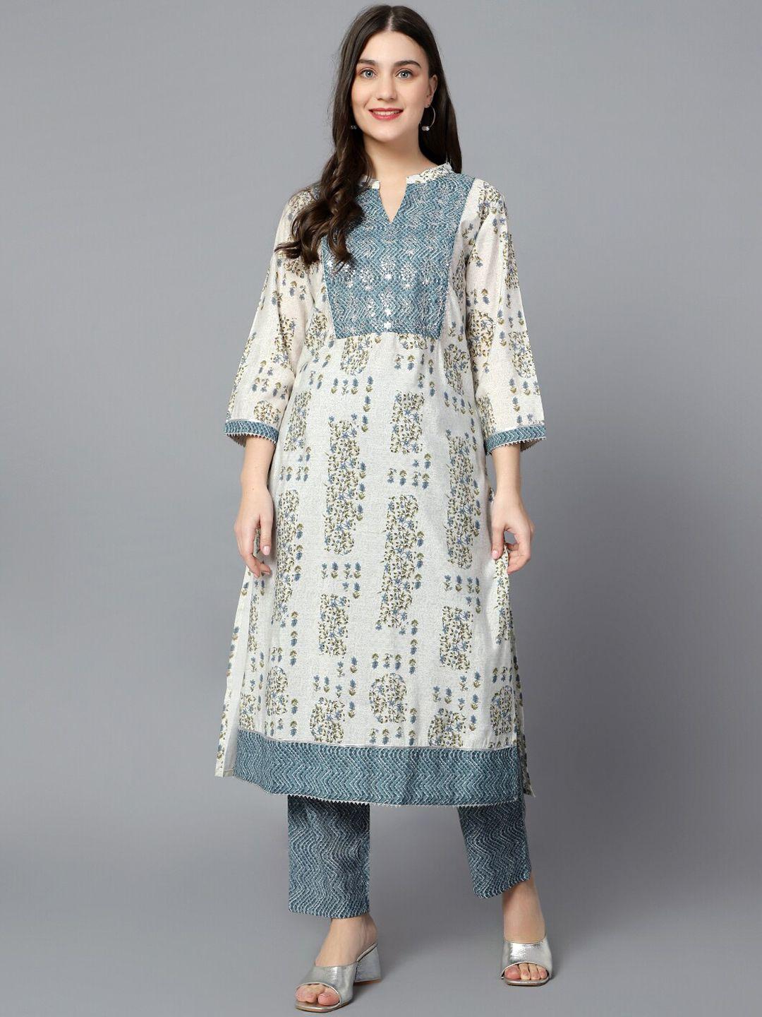 cantabil floral printed sequinned band collar a-line kurta with trousers
