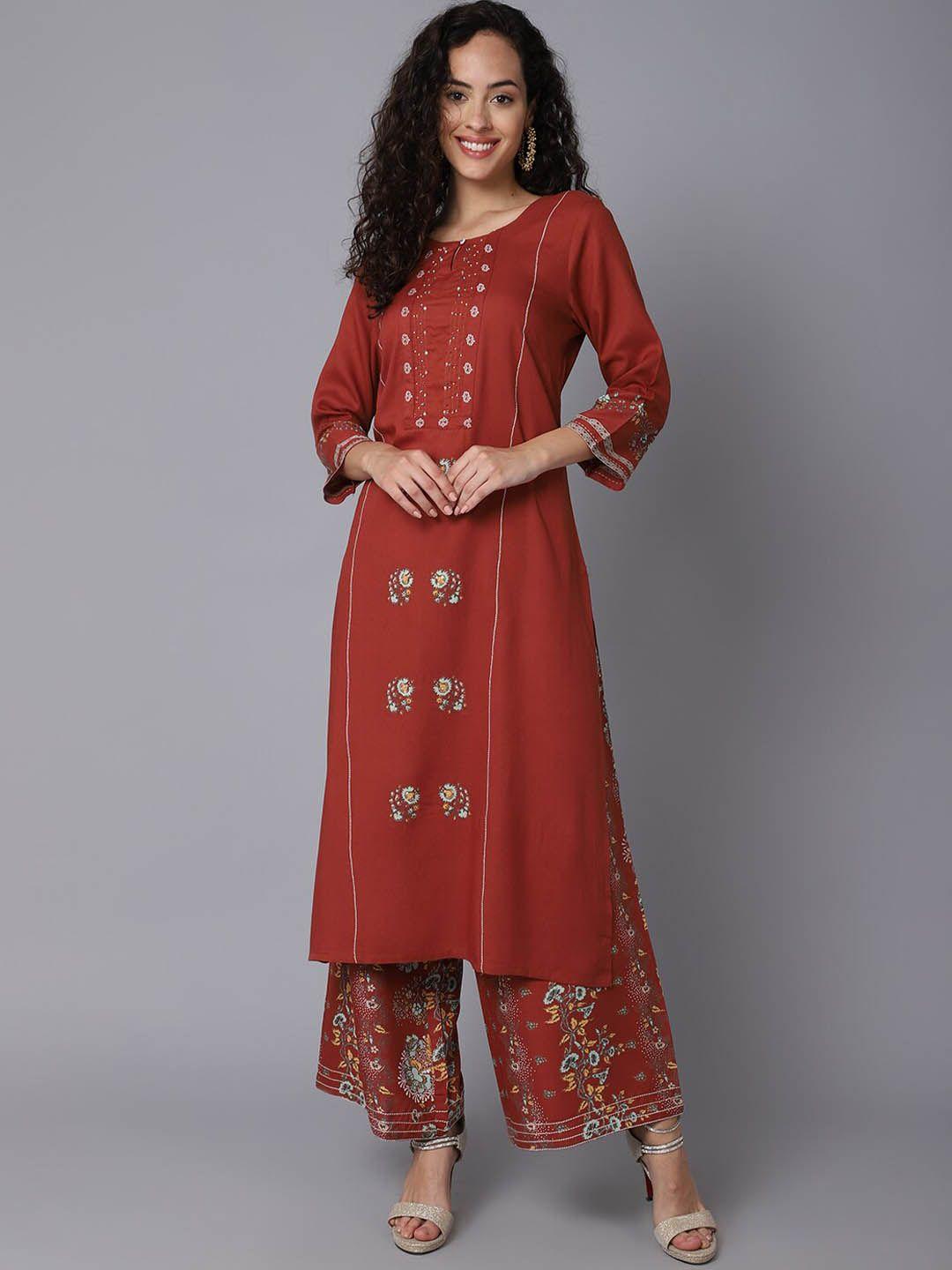 cantabil floral printed sequinned panelled straight kurta with palazzos
