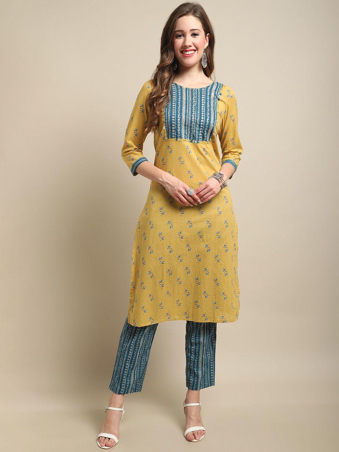 cantabil floral printed zari sequined pure cotton kurta with trousers