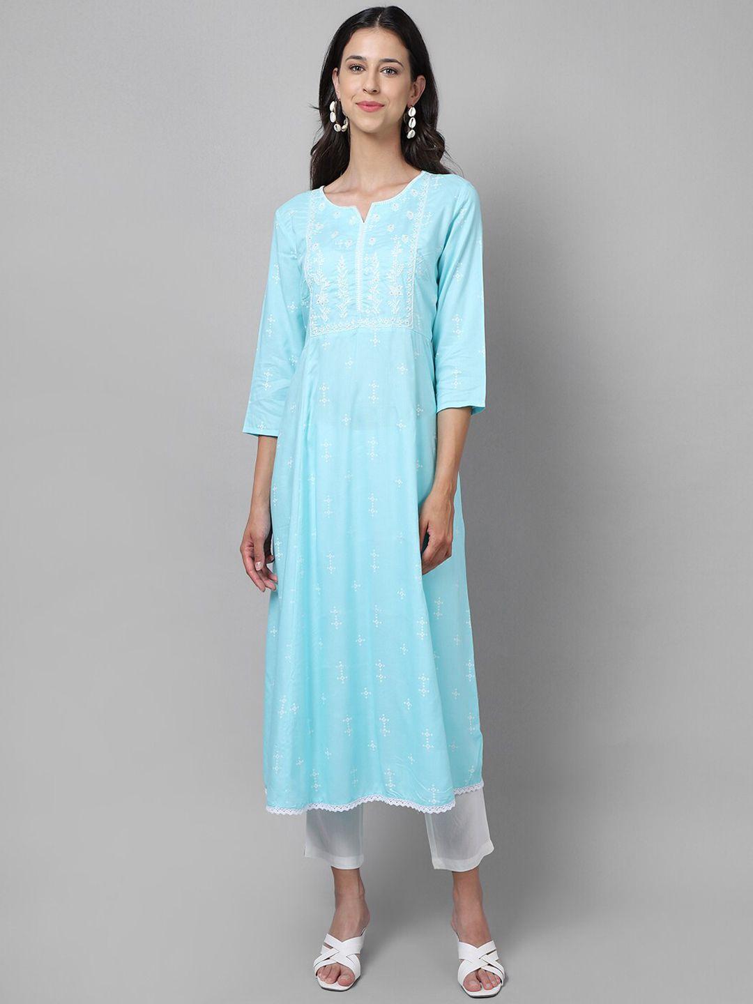 cantabil geometric printed thread work kurta with trousers