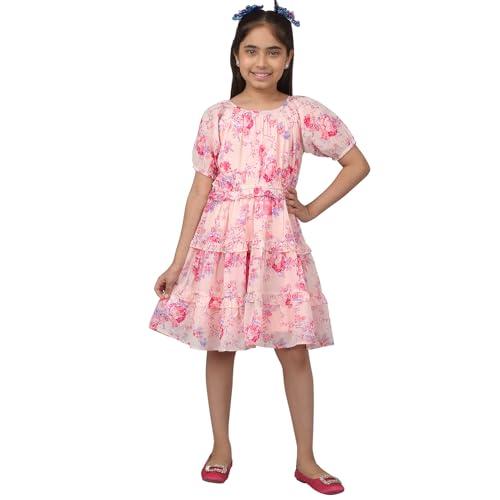 cantabil girls poly cotton floral print round neck half sleeve pink casual dress (gdrs00031_pink_11-12yr)