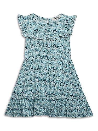 cantabil girls rayon floral print round neck half sleeves fit and flare blue casual dress (gdrs00019_blue_7-8yr)