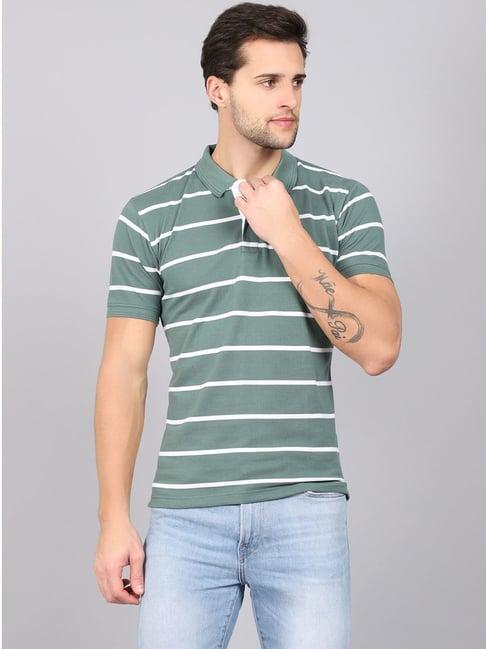 cantabil green cotton regular fit striped polo t-shirt