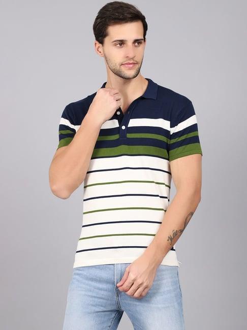 cantabil green cotton regular fit striped polo t-shirt