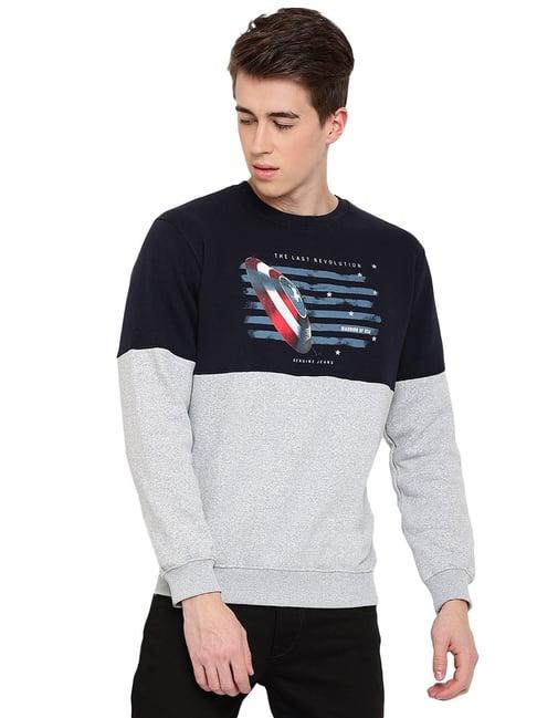 cantabil grey melange & navy regular fit round neck sweatshirt