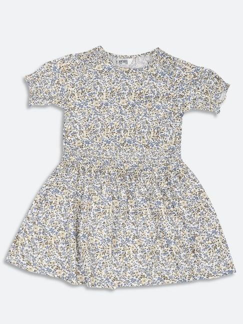 cantabil kids blue & beige cotton floral print dress