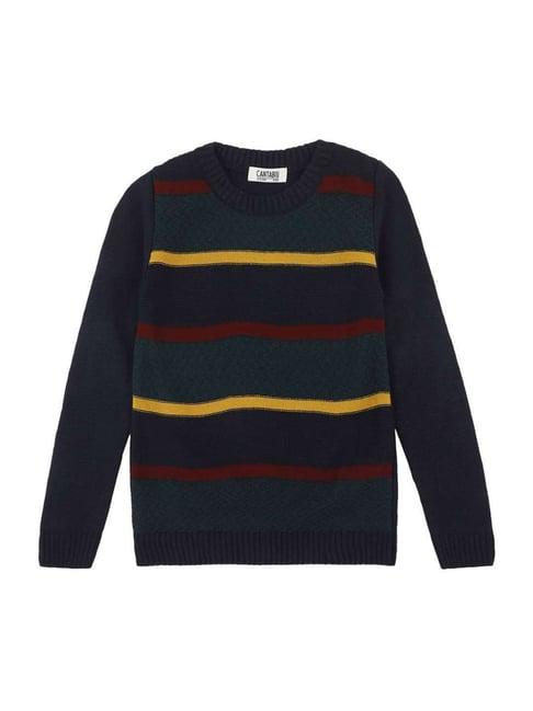 cantabil kids navy & yellow striped full sleeves sweater