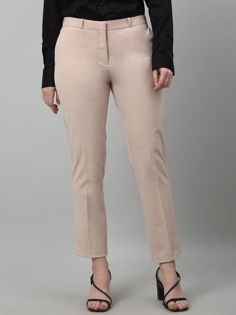 cantabil light beige cotton lycra regular fit mid rise trousers