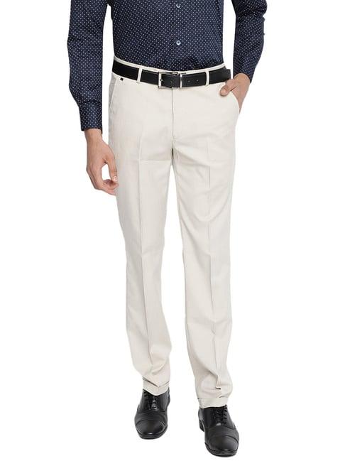 cantabil light beige regular fit printed flat front trousers