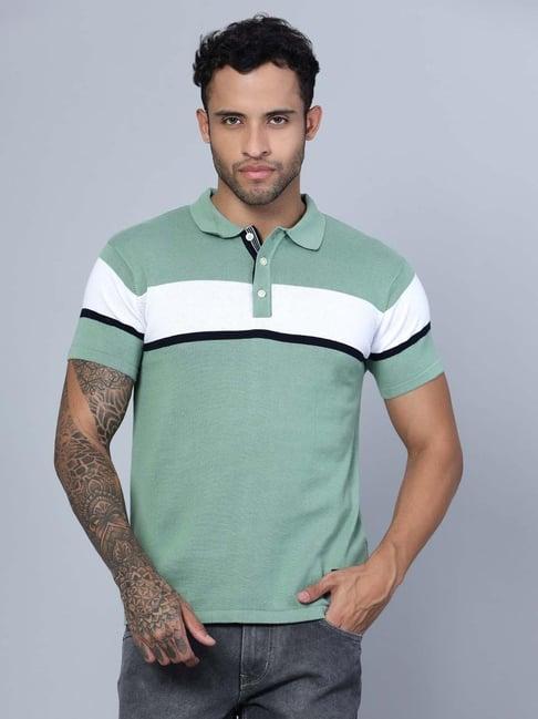 cantabil light green cotton regular fit striped polo t-shirt