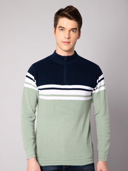 cantabil light green regular fit striped sweater