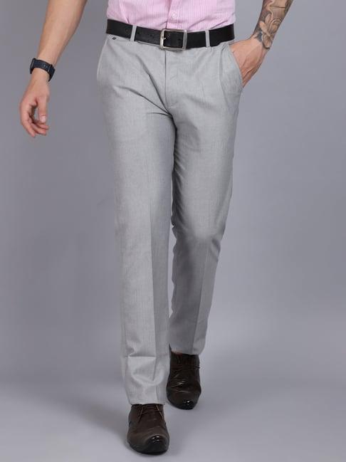 cantabil light grey cotton regular fit trousers