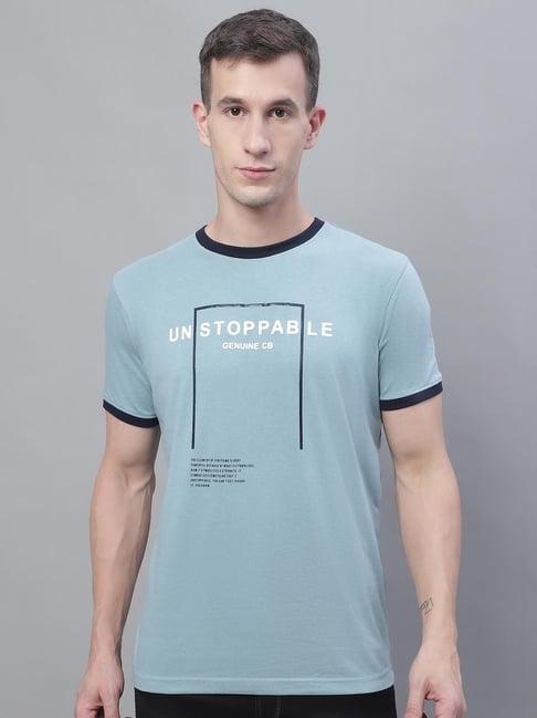 cantabil light teal regular fit printed t-shirt