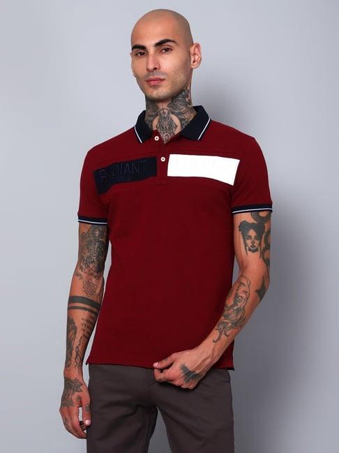 cantabil maroon cotton regular fit printed polo t-shirt