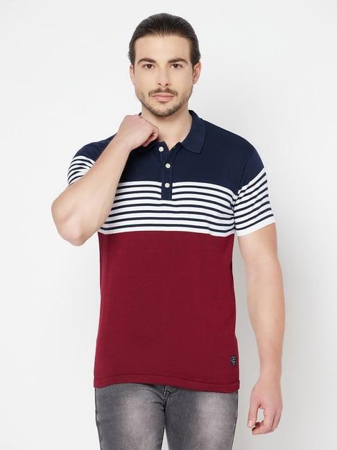 cantabil maroon cotton regular fit striped polo t-shirt