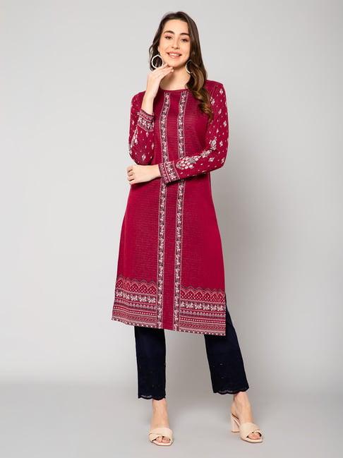 cantabil maroon embroidered straight kurta