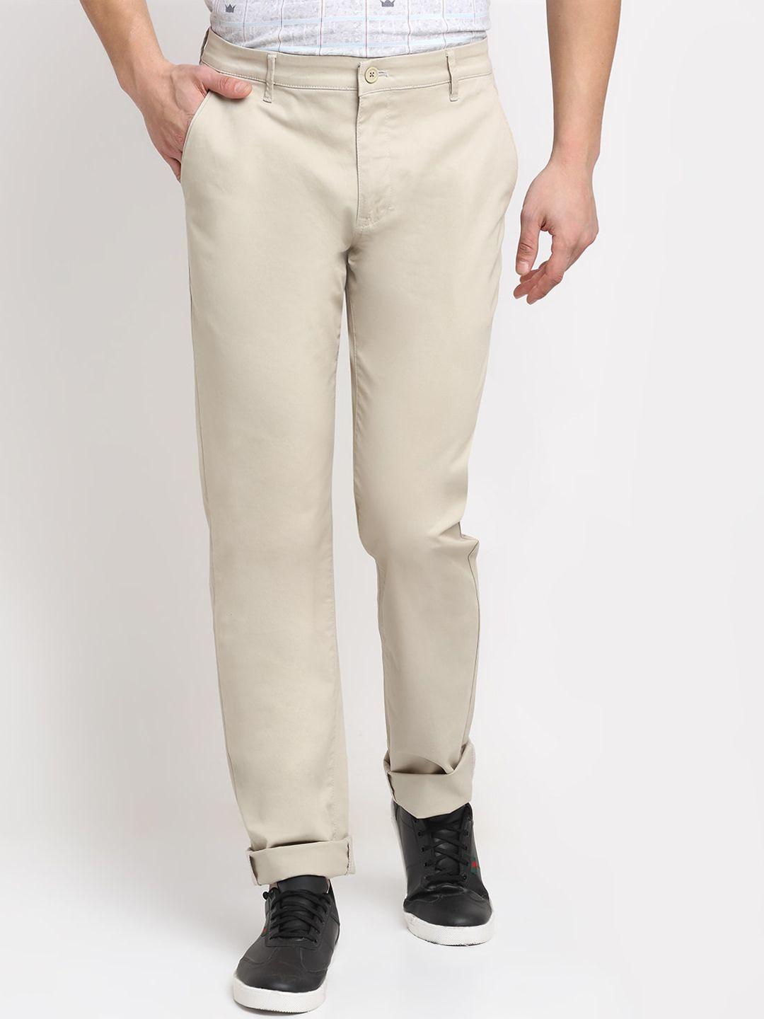 cantabil men beige solid pure cotton original regular fit trousers
