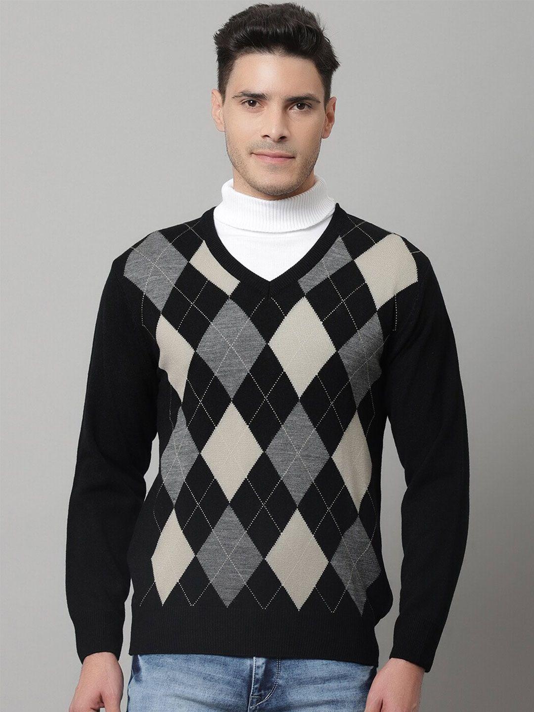 cantabil men black & grey argyle printed wool pullover