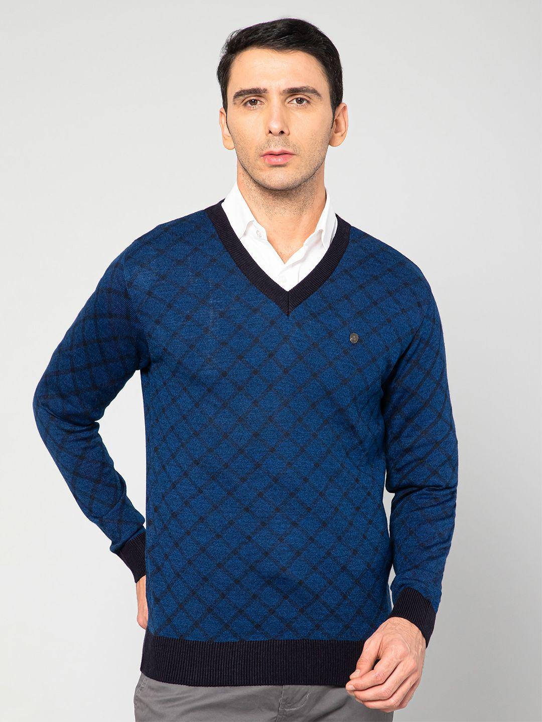 cantabil men blue & black printed acrylic pullover sweater