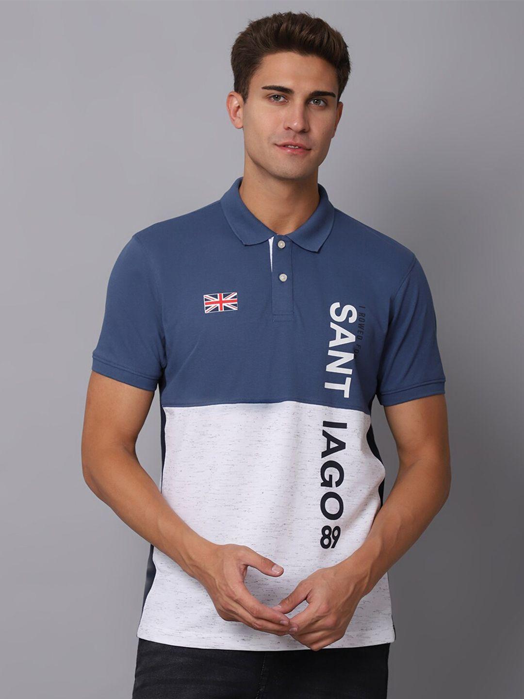 cantabil men blue & skipper blue colourblocked polo collar applique t-shirt