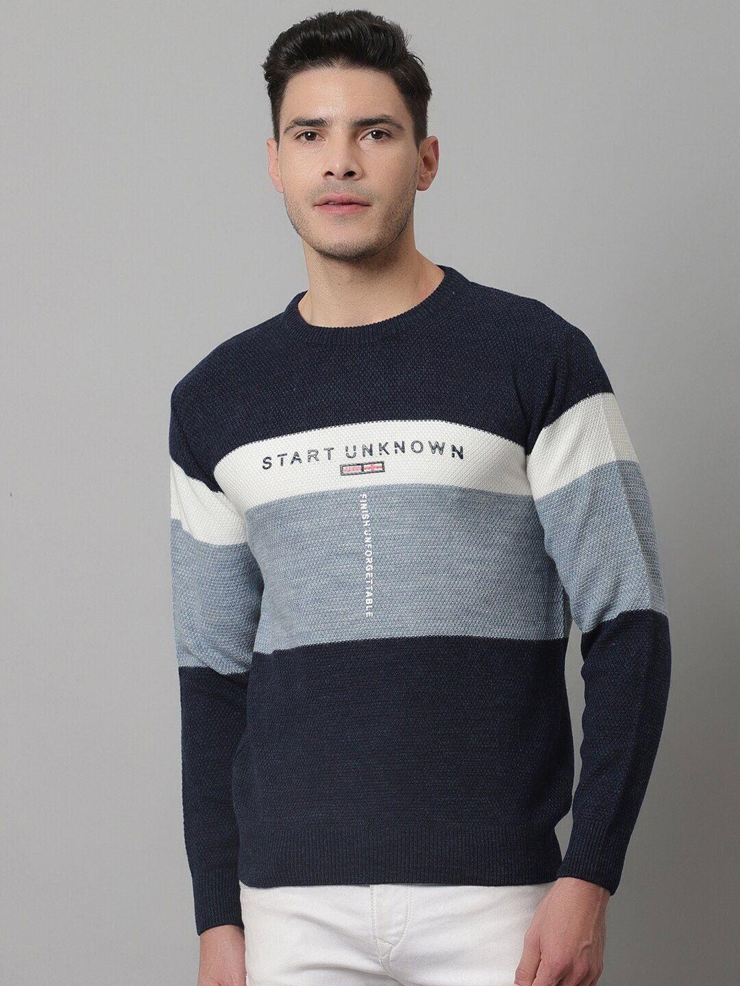 cantabil men blue & white colourblocked round neck long sleeves wool pullover