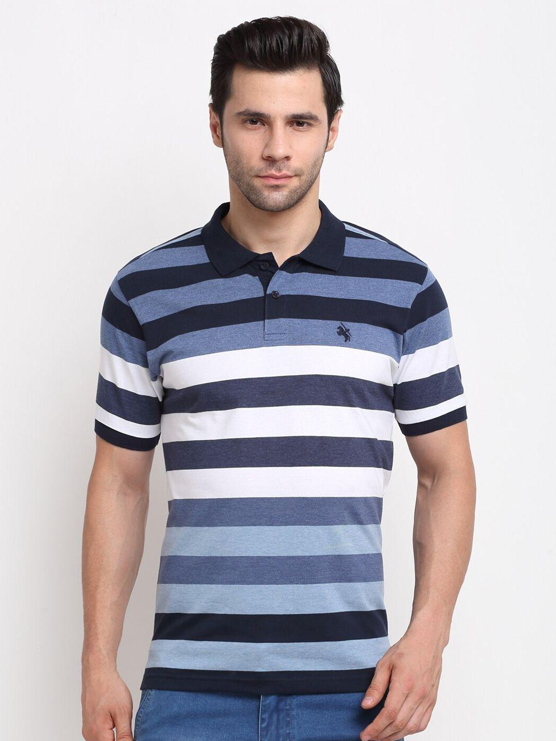 cantabil men blue & white striped polo collar slim fit t-shirt