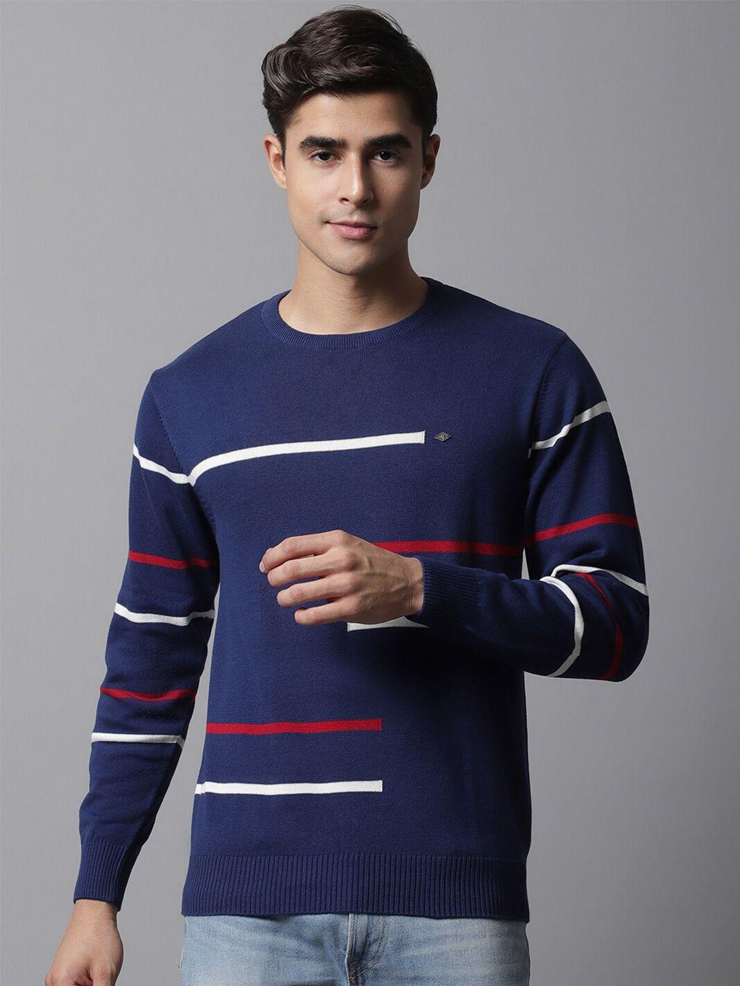 cantabil men blue & white striped round neck acrylic pullover