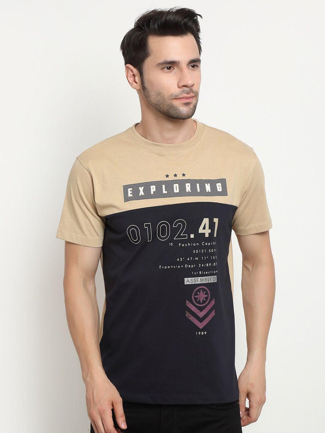 cantabil men brown & black colourblocked cotton t-shirt