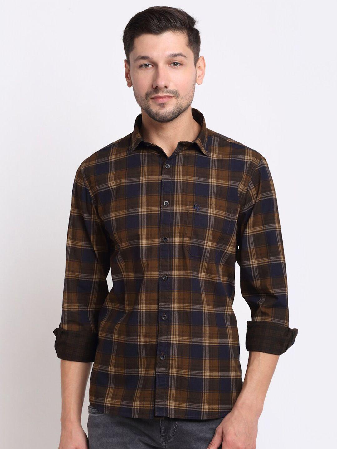 cantabil men brown opaque checked casual shirt