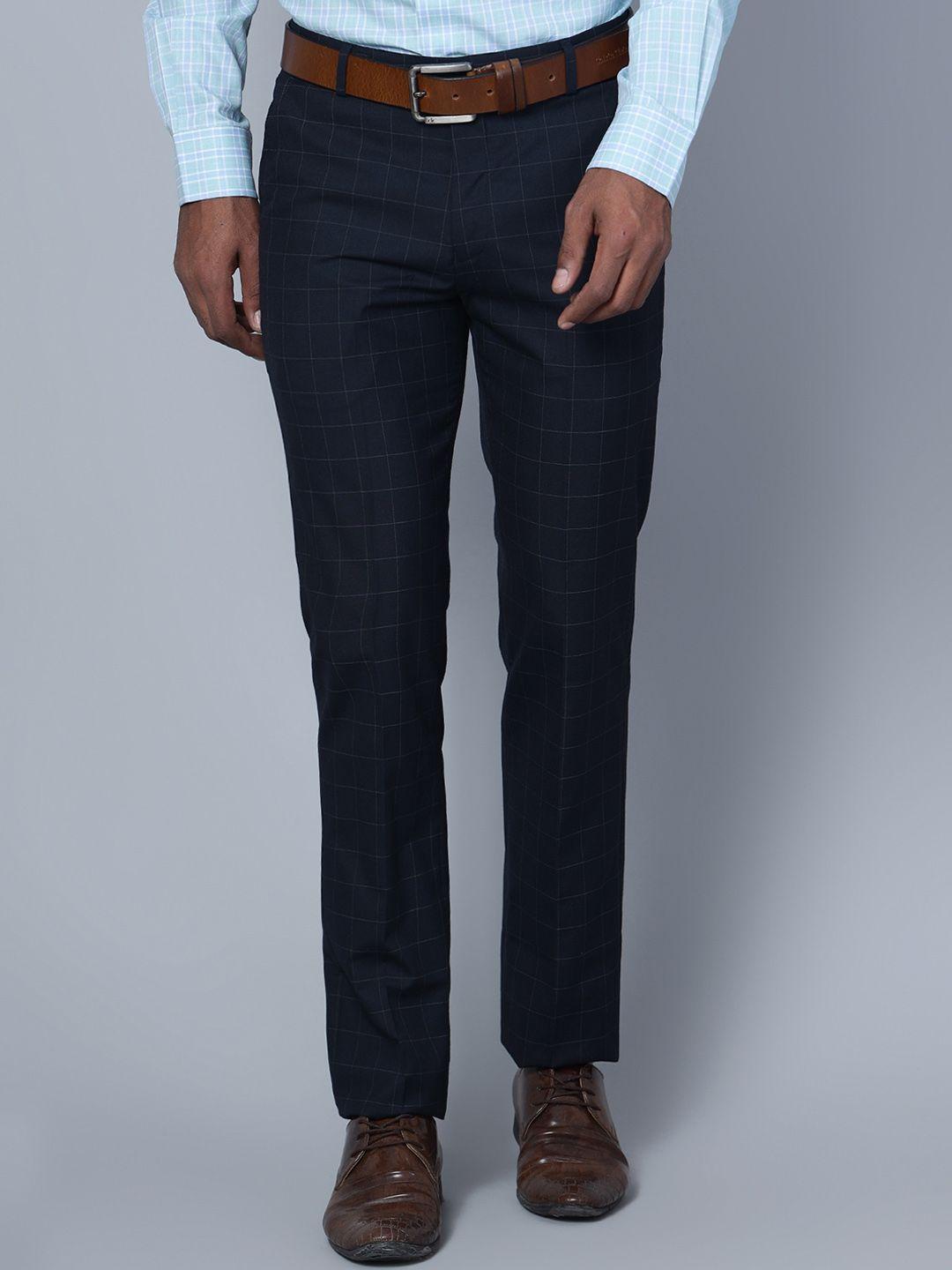 cantabil men checked mid-rise formal trousers
