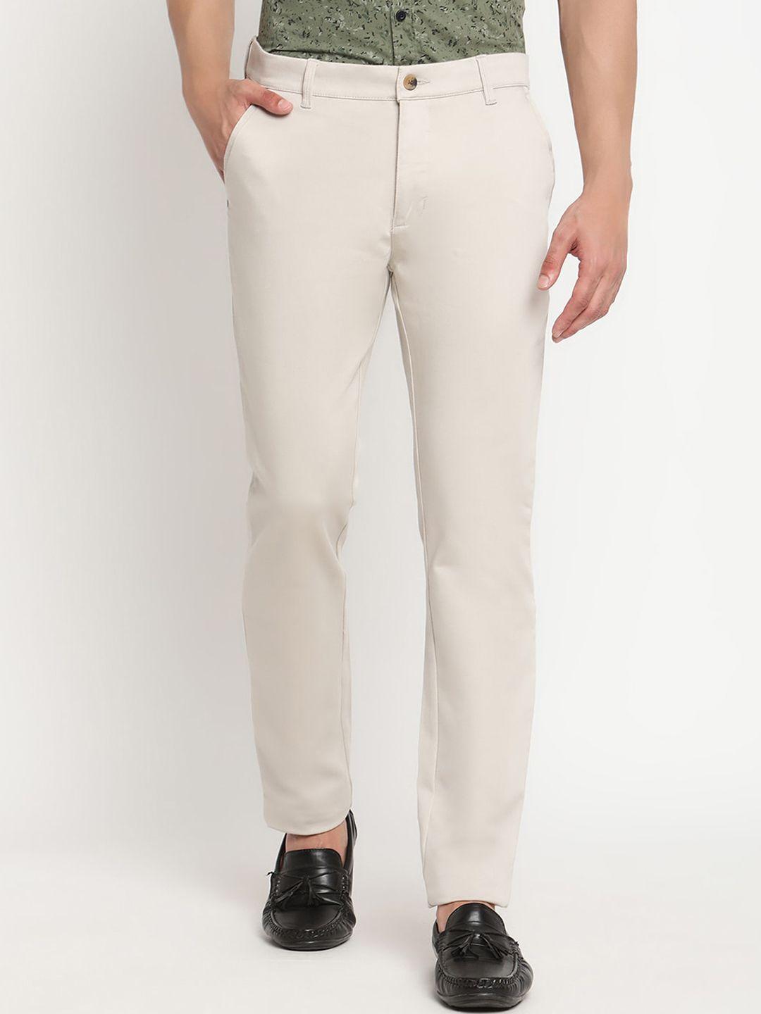 cantabil men cream-coloured cotton casual trousers