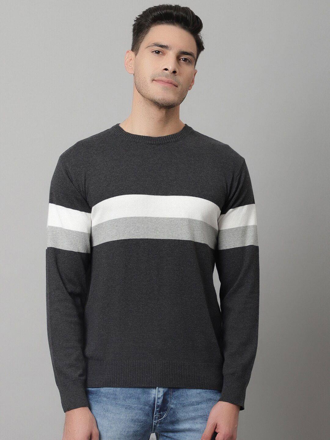 cantabil men grey melange & white striped wool pullover